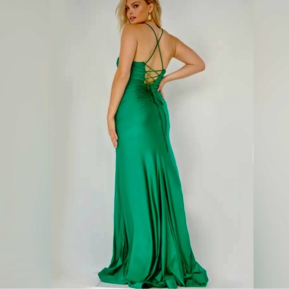 NEW JOVANI SZ 12 EMERALD GREEN SATIN CORSET LACE UP FORMAL EVENING GOWN - Picture 16 of 16